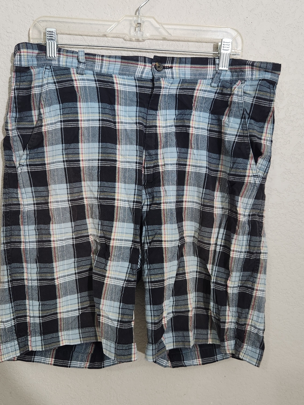Greg Norman Mens Plaid Cotton Casual Shorts Black & Light Blue Size 36